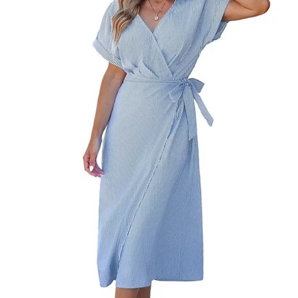 CUPSHE Women's Blue Pin Stripe Collared Wrap Midi Beach Dress, Medium - Picture 3 of 6